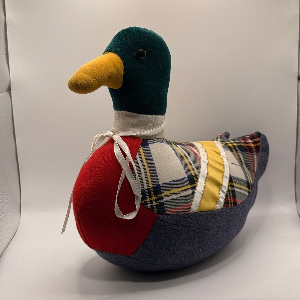 Vintage Patchwork Mallard Duck Weighted Doorstop Plush Plaid Green Red Grey
